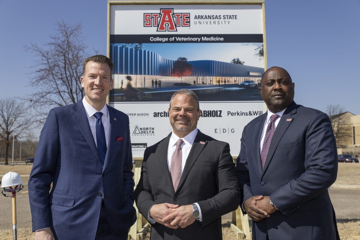 ASU System President Brendan Kelly, A-State Chancellor Todd Shields, A-State Provost Calvin White Jr. at College of Veterinary Medicine groundbreaking