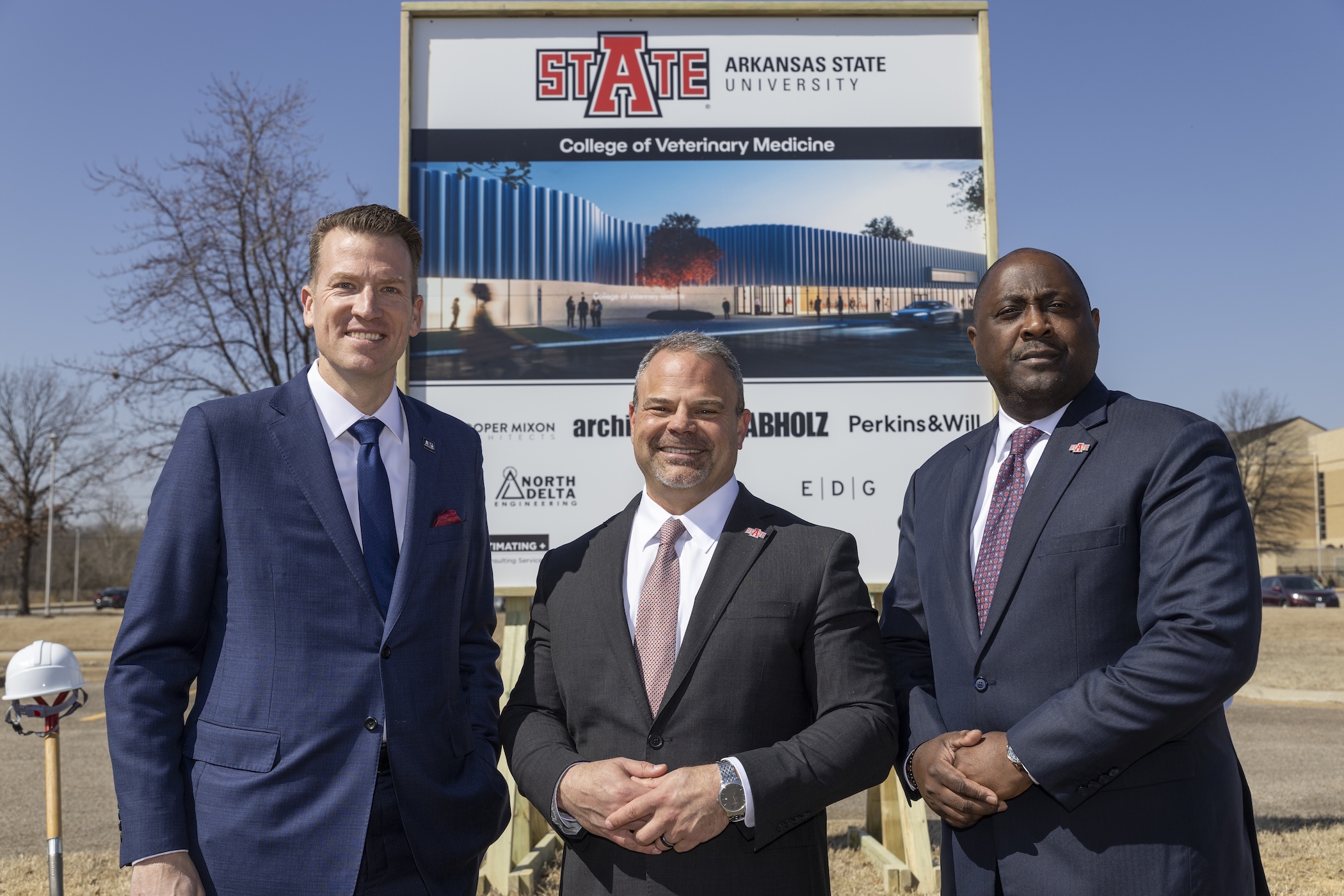 ASU System President Brendan Kelly, A-State Chancellor Todd Shields, A-State Provost Calvin White Jr. at College of Veterinary Medicine groundbreaking
