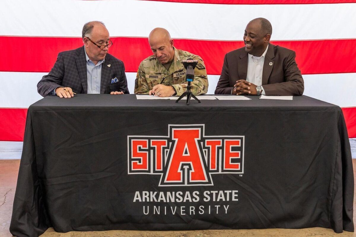 Participants in the MoA signing were (from left) Dr. Ike Wheeler, interim chancellor of ASU-Newport, representing the ASU System; Brig. Gen. Olen Chad Bridges, adjutant general of the Arkansas National Guard; and Dr. Calvin White Jr., provost and executive vice chancellor at A-State.