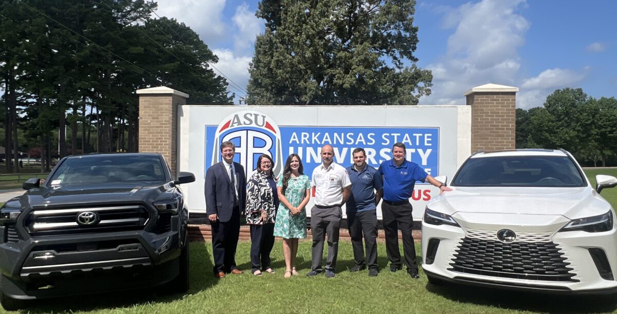 Pictured, from left, are Dr. Jason Goodner, vice chancellor for academics at ASU-Beebe; Dr. Jennifer Methvin, chancellor at ASU-Beebe; Katie Davidson, service manager/program coordinator at Parker Lexus and Stephen Sharp, shop foreman; Aaron Hicks, automotive technology instructor on the Searcy campus; and Mike Dingler, director of the Regional Career Center.