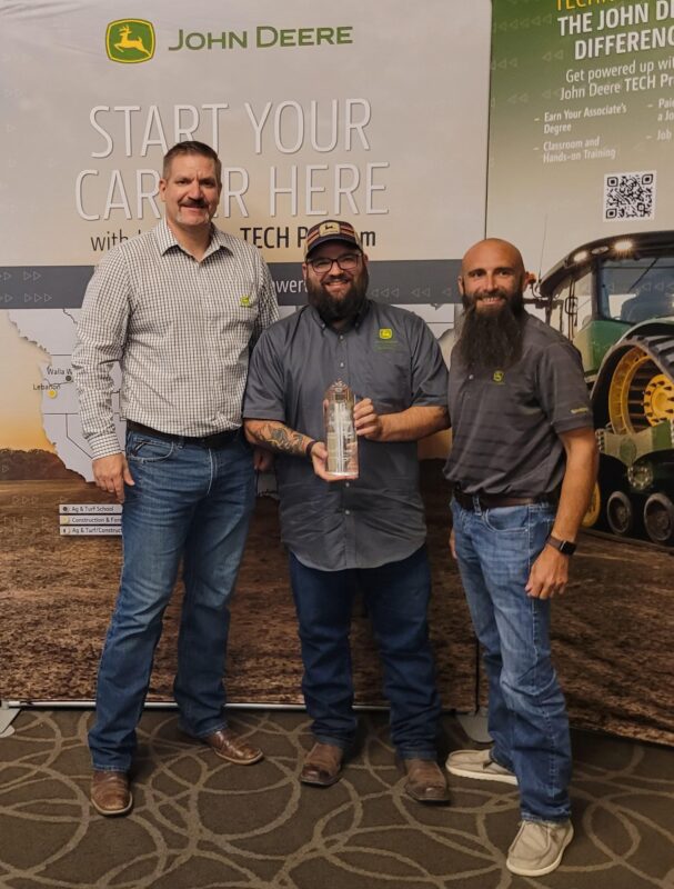 Pictured (from left) are John Deere service development manager David Bostic; Jake Selvidge, director of John Deere Agriculture Equipment Technology at ASU-Beebe; and Tony DiFlorio, instructor of John Deere ag tech.