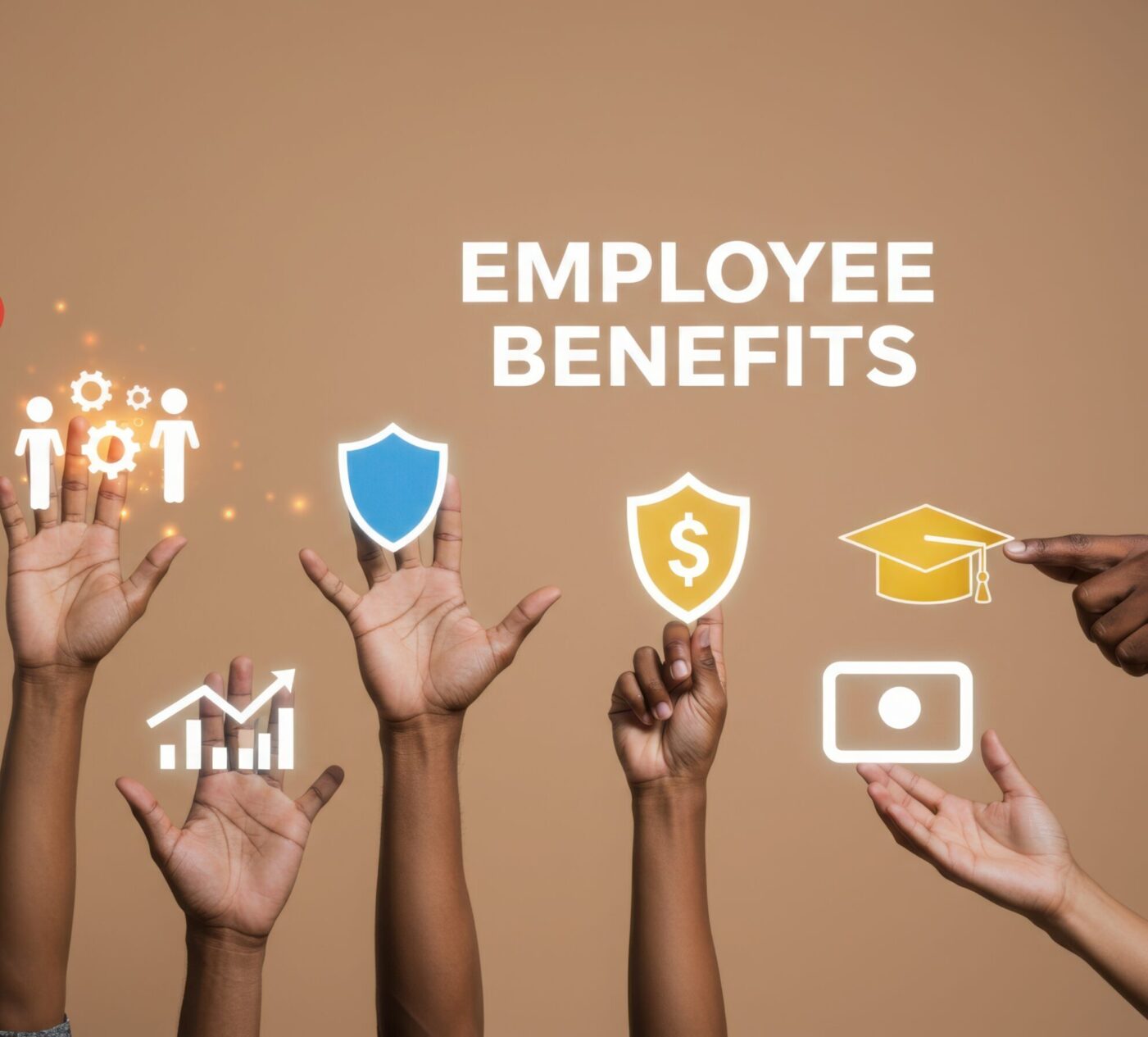 Multiple hands are raised, each holding or pointing to icons representing employee benefits like health, growth, security, education, and financial well-being, with the words "EMPLOYEE BENEFITS" displayed.
