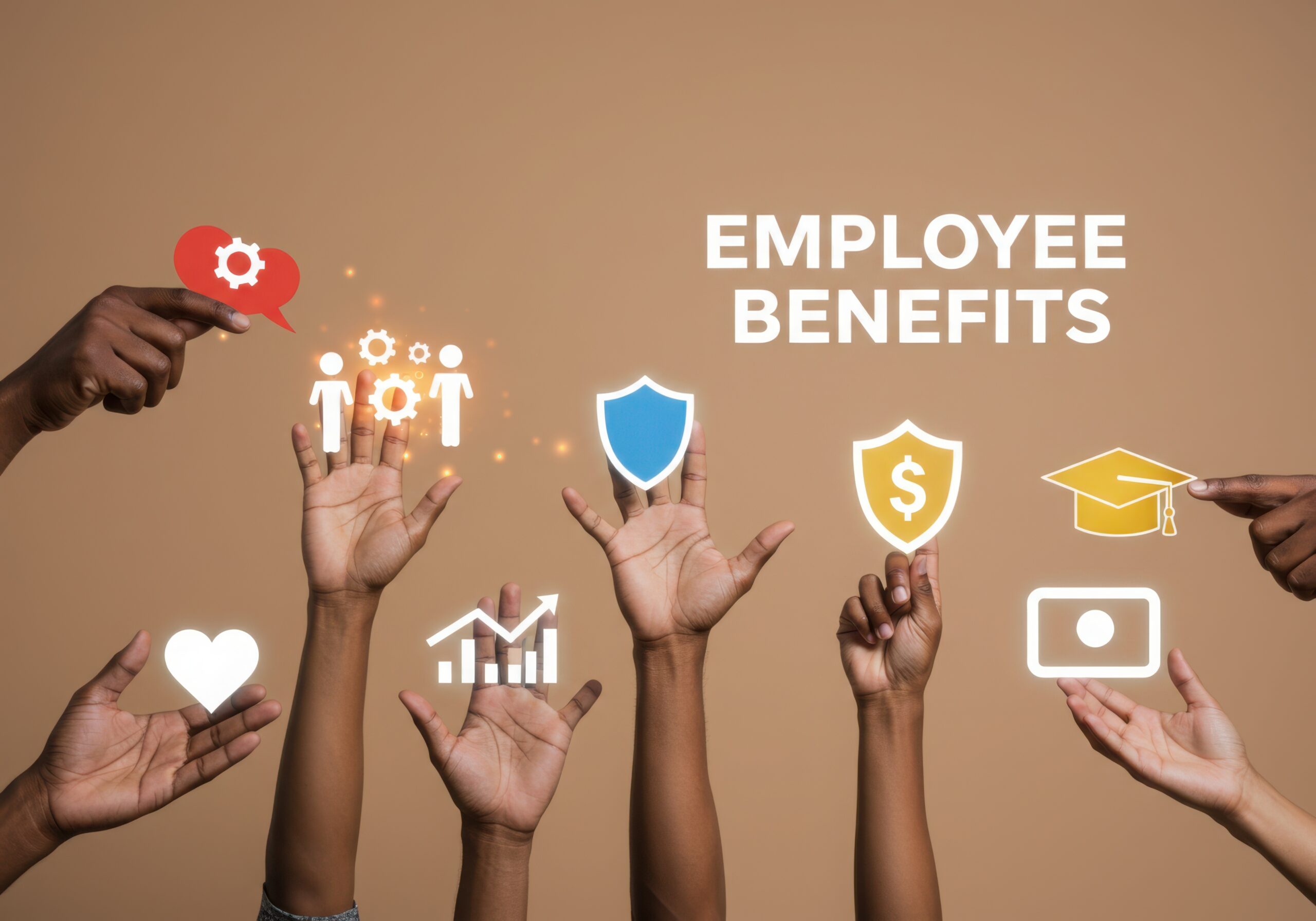 Multiple hands are raised, each holding or pointing to icons representing employee benefits like health, growth, security, education, and financial well-being, with the words "EMPLOYEE BENEFITS" displayed.