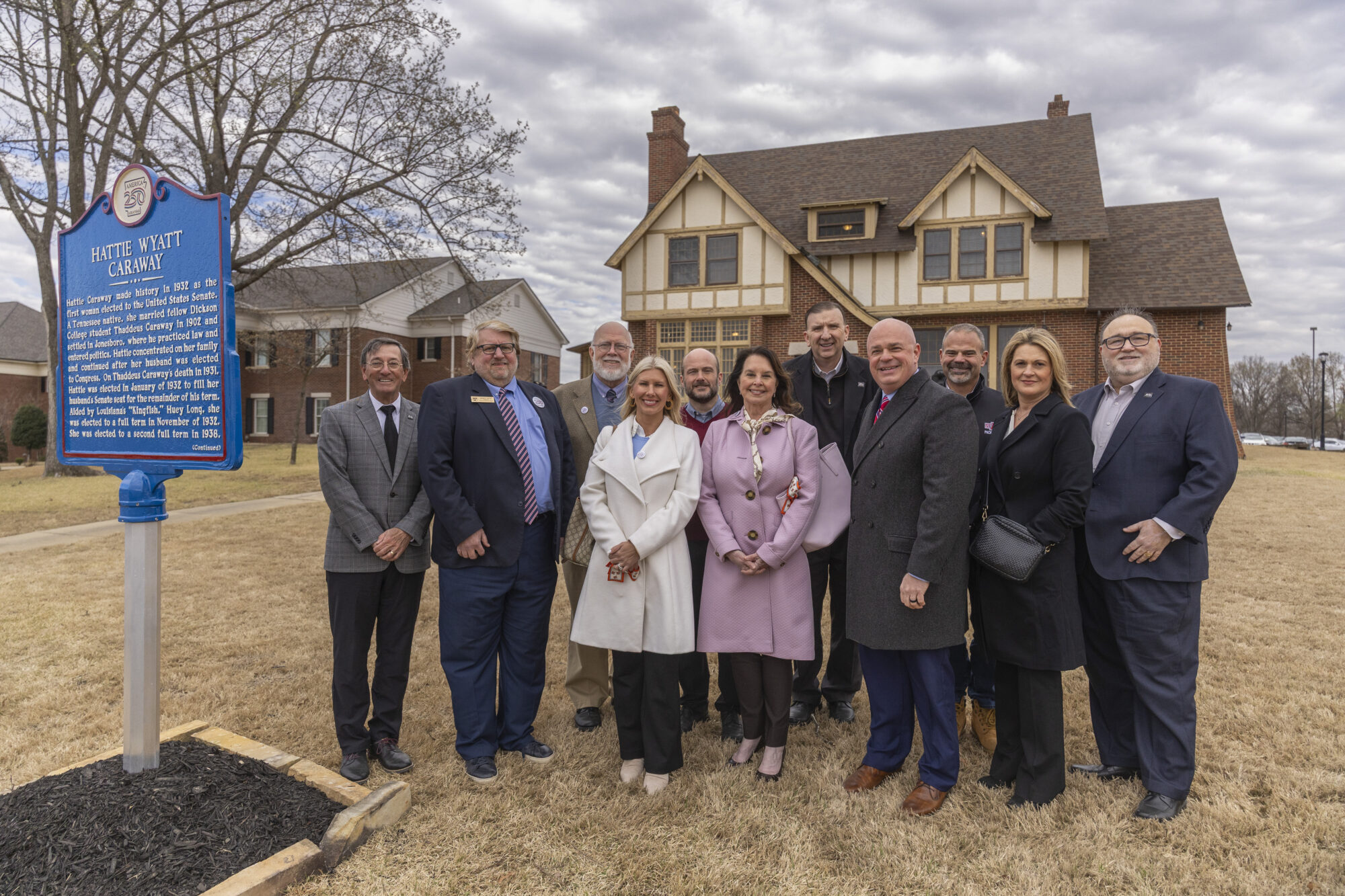 Picture of historical marker honoring the contributions of U.S. Sen. Hattie Caraway to Arkansas State University and all of Arkansas was unveiled March 18 in a ceremony outside the V.C. Kays House in Jonesboro.