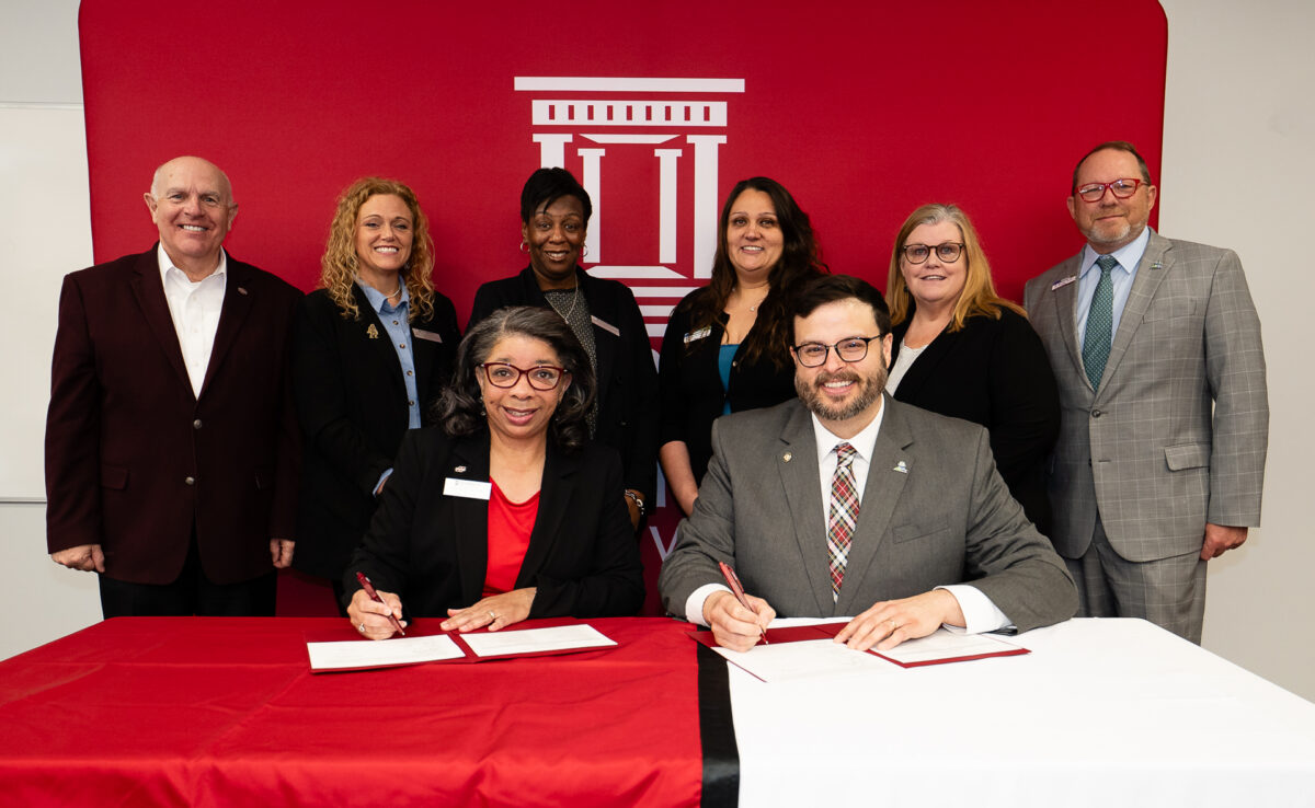 Picture of (back row, from left)) Dr. Trey Berry, Chancellor (HSU); Dr. Glenda Hyer, Associate Professor of Special Education (HSU); Dr. Charlotte White-Wright, Dean of Teachers College (HSU); Kristina Radivojevich, Interim Dean of Business, Arts, and Sciences (ASUMH); Laura Knox, Director of Education (ASUMH); Dr. Bentley Wallace, Chancellor (ASUMH); (front row, from left) Dr. Celya Taylor, Provost and Vice Chancellor for Academic Affairs (HSU); and Dr. Robert Shurley, Provost (ASUMH)