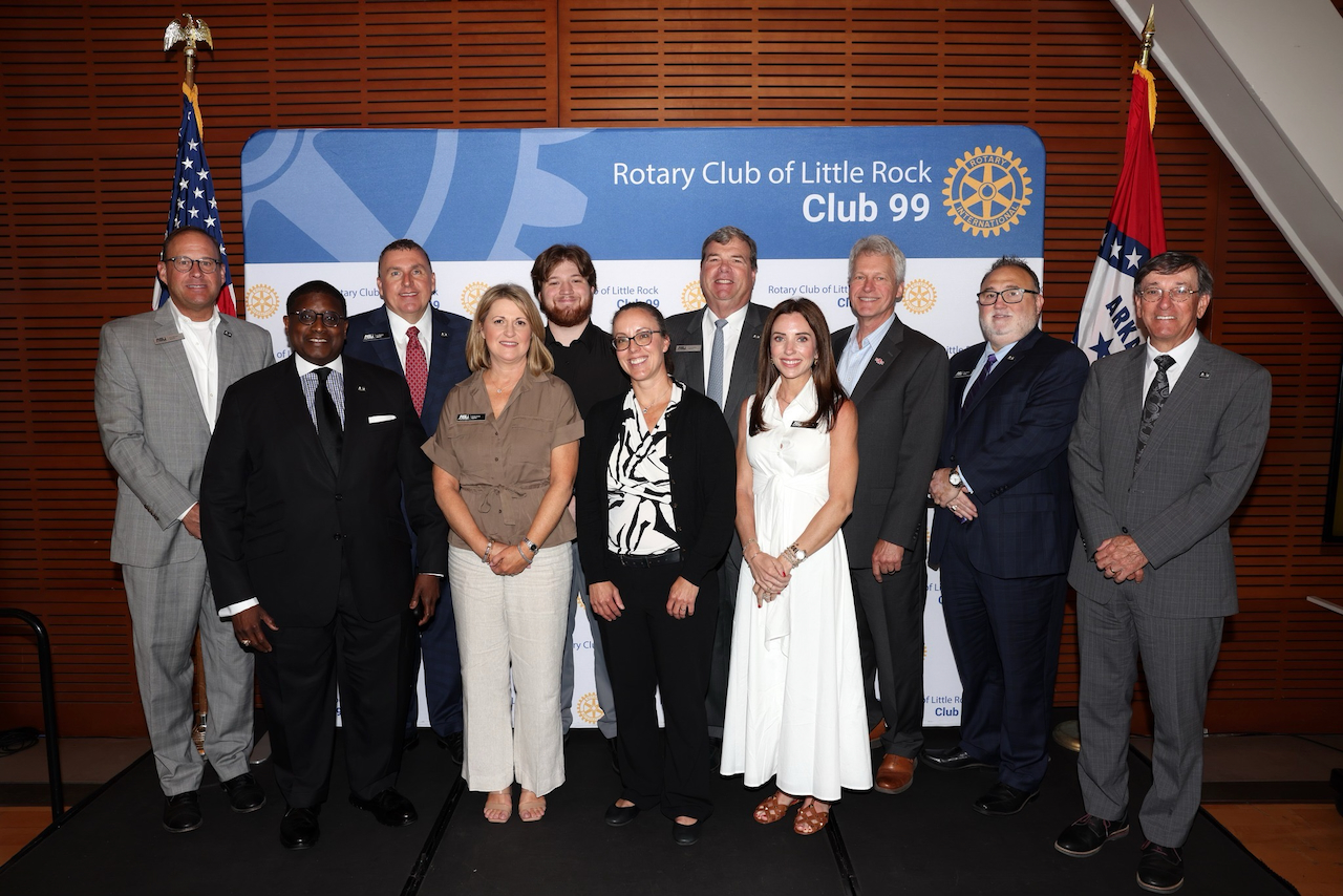 Picture of members of the ASU System Board of Trustees with leadership of A-State College of Veterinary Medicine at May 26, 2026, Little Rock Rotary Club meeting